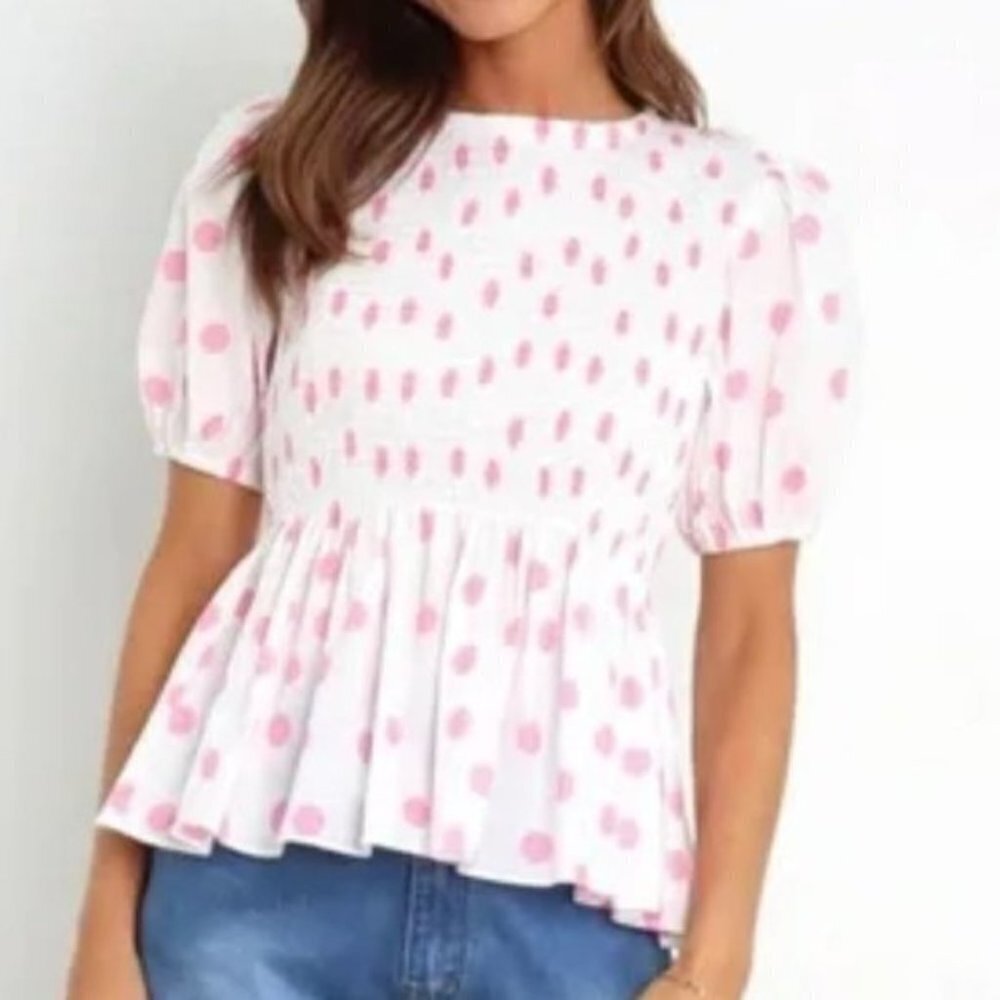 Petal & Pup Crop Top Size 6 White Pink Polka Dot Cotton Round Neck NWT